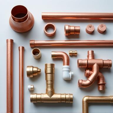 Assortment of copper and PVC pipes and fittings.