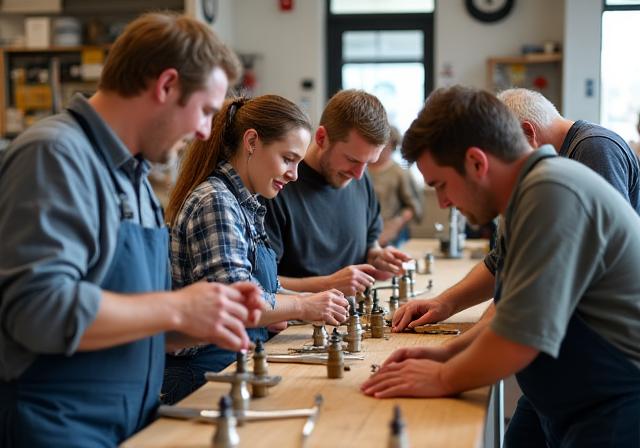 Customers participating in a plumbing workshop at Spanner & Spoke Supply.